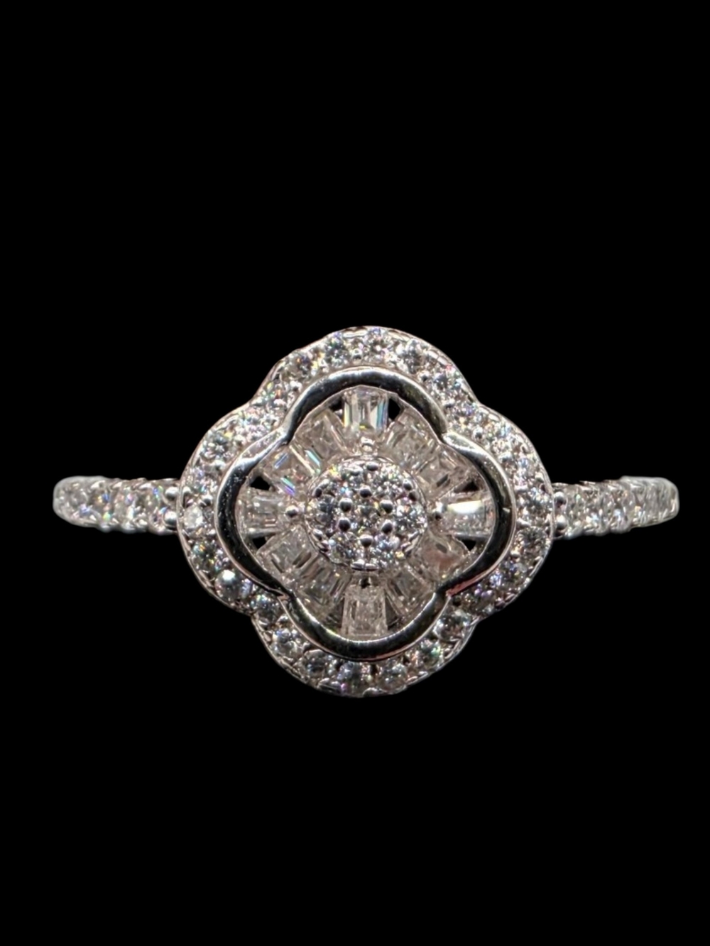 0.78 CTW Moissanite Solid 925 Sterling Silver Clover Halo Ring Size 7